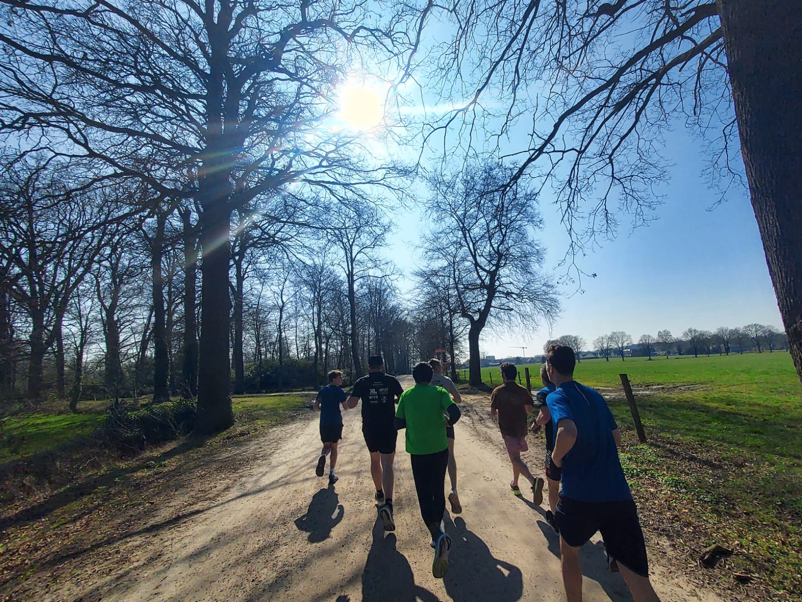 Social Run — de crew in tegenlicht, sunburst tussen de bomen