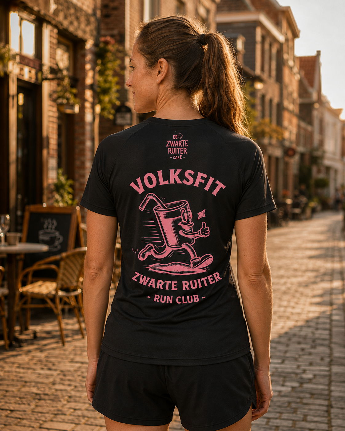 Black tee — back view, dusty pink mug-runner