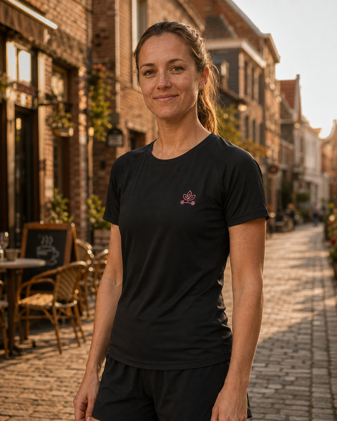 Black tee — front view, leaf-barbell chest logo