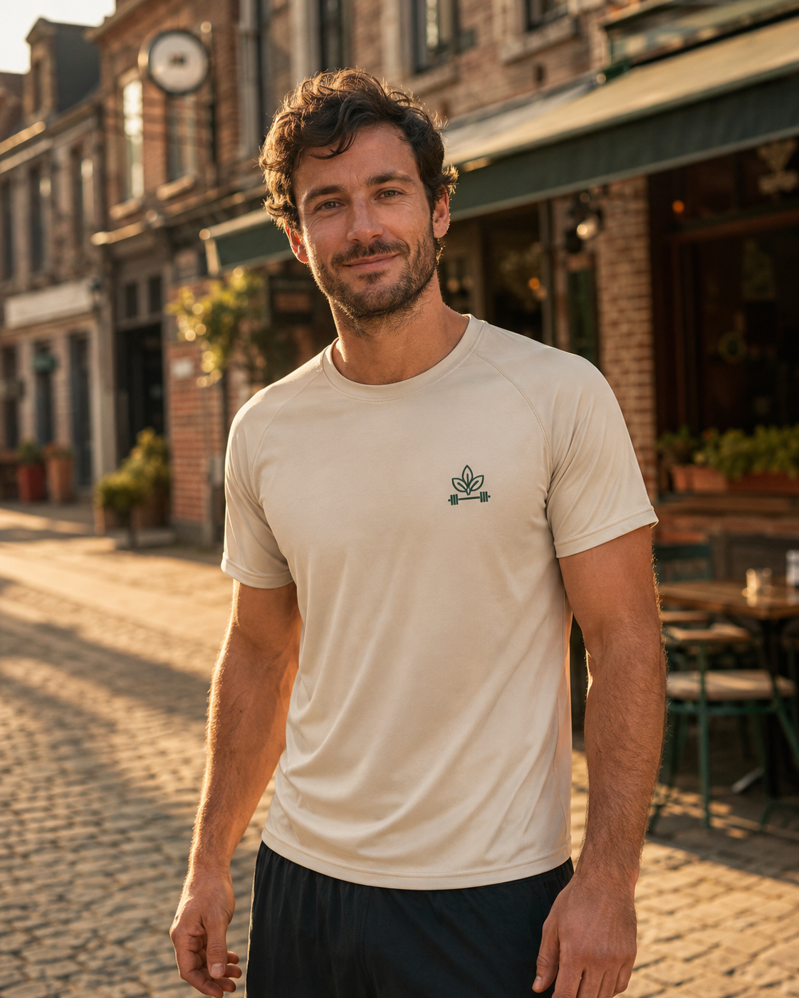 Cream tee — front view, leaf-barbell chest logo